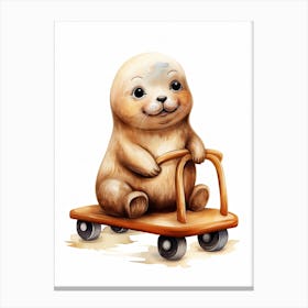 Baby Seal On A Toy Car, Watercolour Nursery 3 Canvas Print