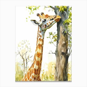 Giraffe By The Tree Watercolour 3 Canvas Print