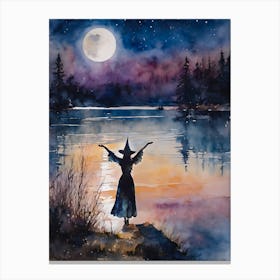 Moon Worship - Witch Drawing Down the Moon by a Lake on a Summer's Eve - Pagan Spellcasting Nature Loving Fairytale Original Watercolor by Lyra the Lavender Witch - Perfect For Witchycore Cottagecore Full Moon Witchy Gallery Feature Wall HD Canvas Print