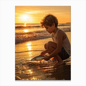 A Young Person Engaging In Play With A Fish Near The Waters Edge On A Sandy Beach Golden Hour Ligh (3) Canvas Print