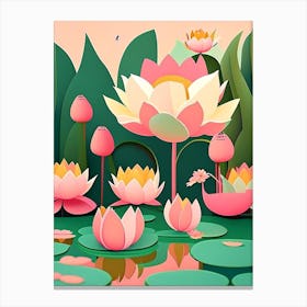 Lotus Flowers In Park Scandi Cartoon 3 Canvas Print