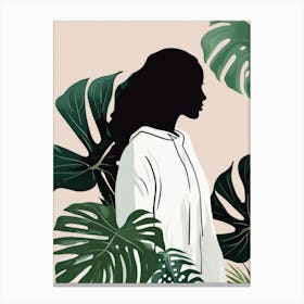 Silhouette Of Woman In Tropical Leaves Canvas Print