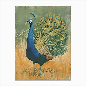 Blue Mustard Peacock In The Grass Linocut Inspired 1 Canvas Print
