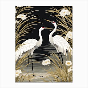 White And Gold Cranes Vintage Japanese Botanical Canvas Print