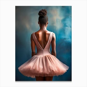 Ballerina With A Pink Dress Posing In Front Of Dark Blue Wall Canvas Print