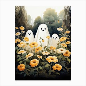 Cute Bedsheet Ghost, Botanical Halloween Watercolour 22 Canvas Print