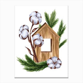Wooden House with Cotton and Green Pine Branches Canvas Print