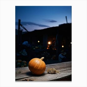 A Gourd Carefully Resting On A Weathered Wooden Table Settingfootprint In The Cement Market Under (2) Canvas Print