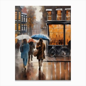 Amsterdam cafes, autumn season, rain, autumn oil colours.Faded colours,People passing on the street, winter clothes, rain umbrellas.2 2 Canvas Print