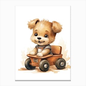 Puppy On A Toy Car, Watercolour Nursery 1 Canvas Print