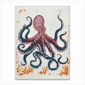 Retro Red Navy Octopus Linocut Style 5 Canvas Print