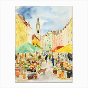 Food Market With Cats In Vienna 1 Watercolour Canvas Print