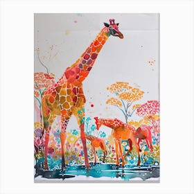 Herd Of Giraffe In The Water Watercolour 3 Canvas Print