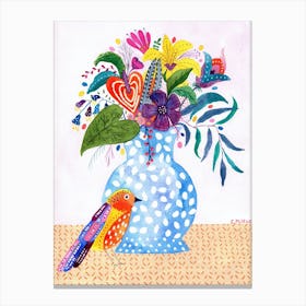 Still Life with Bird Colorful Watercolor Blue Vase Modern Canvas Print