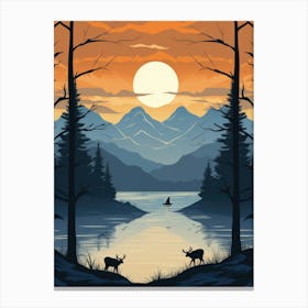 Sunset Landscape With Deer Canvas Print