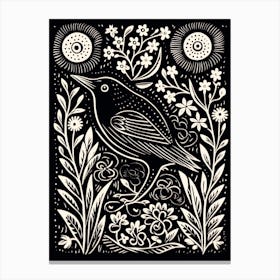 B&W Bird Linocut Blackbird 1 Canvas Print