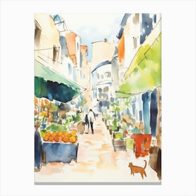 Food Market With Cats In Santander 2 Watercolour Canvas Print