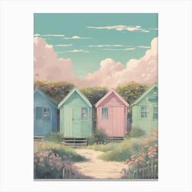 Brighton Beach Huts Studio Ghibli Style Pastel Colours Pink Clouds Canvas Print