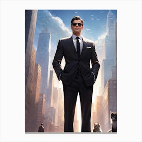 Businessman Wearing Sleek Sunglasses Sporting A Sharp Tailored Suit Standing Confidently In A Bus (4) Canvas Print