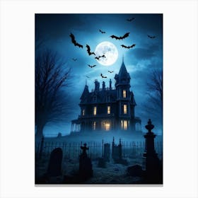 Frightened Souls Hovering Over A Victorian Mansion On A Dark Halloween Night Silhouetted Against A (2) Canvas Print