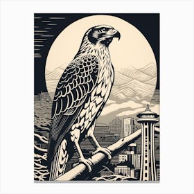 B&W Bird Linocut Red Tailed Hawk 1 Canvas Print