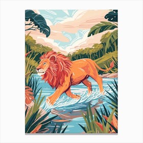 African Lion Crossing A River Illustration 1 Canvas Print