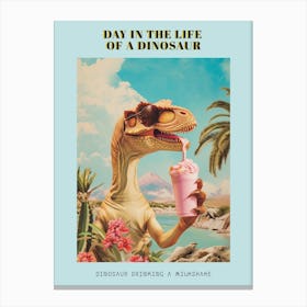 Dinosaur Drinking A Milkshake Retro Collage 3 Poster Canvas Print