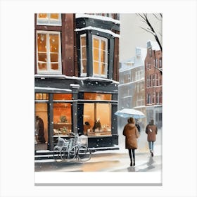 Amsterdam cafes, winter season, Christmas, autumn oil colors, pale colors, pedestrians in the street, winter clothes, falling snow.9 2 Leinwandbild