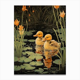 Ducklings In The River Japanese Woodblock Style 2 Canvas Print