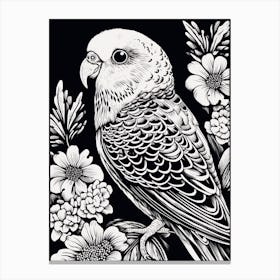 B&W Bird Linocut Budgerigar 2 Canvas Print