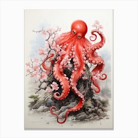 Octopus, Japanese Brush Painting, Ukiyo E, Minimal 1 Canvas Print