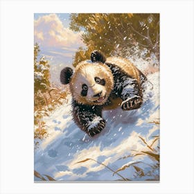 Giant Panda Cub Sliding Down A Snowy Hill Storybook Illustration 2 Canvas Print