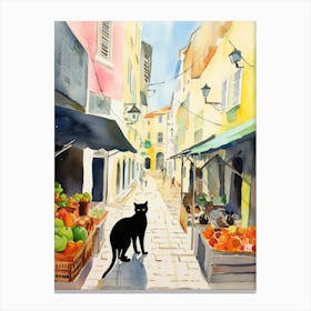 Food Market With Cats In Lisbon 4 Watercolour Canvas Print