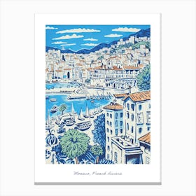 French Riviera Monaco Illustration Line Art Travel Blue Canvas Print