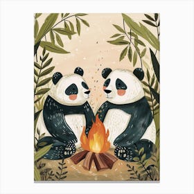 Giant Panda Two Bears Sitting Together By A Campfire Storybook Illustration 3 Canvas Print