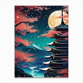Japan Mount Fuji ~ Full Moon Blossom and Ice Travel Adventure Visionary Wall Decor Futuristic Sci-Fi Trippy Surrealism Modern Digital  Canvas Print