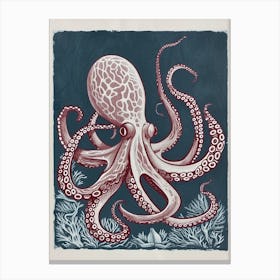 Detailed Octopus On The Ocean Floor Linocut Inspired 1 Canvas Print
