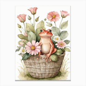 Cute Pink Frog In A Floral Basket (15) Canvas Print