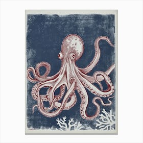 Octopus Linocut Style With Aqua Marine Plants 6 Canvas Print