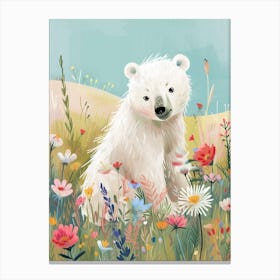 Polar Bear Cub In A Field Of Flowers Storybook Illustration 3 Canvas Print