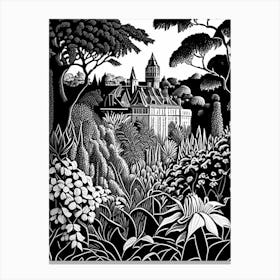 Powis Castle Gardens, 1, United Kingdom Linocut Black And White Vintage Canvas Print