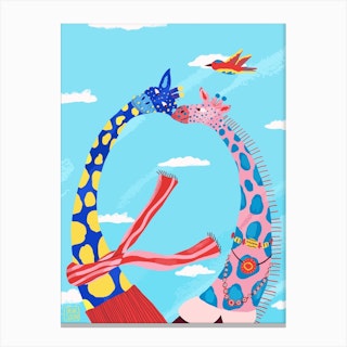 Giraffe Couple And Blue Sky Canvas Print