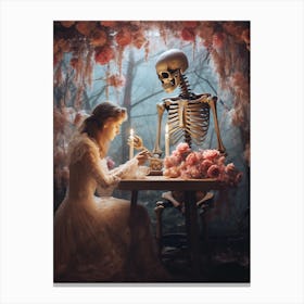 A Woman Sitting At Her Dining Table In Front Of Skeleton 1 Canvas Print