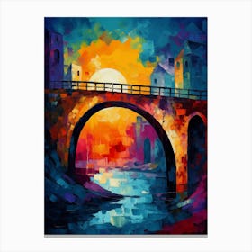 Mystic Town Stone Bridge in Sunset, Vibrant Colorful Painting in Van Gogh Style Canvas Print