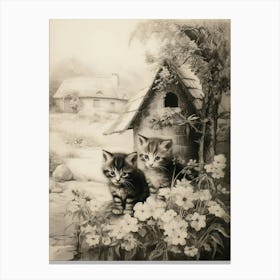 Sepia Drawing Of Kittens With A Medieval Village 2 Canvas Print
