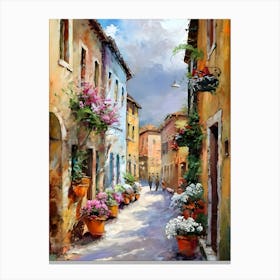 A painting of a street in a small town, a fine art painting, by Bernard D’Andrea, trending on cg society, josephine wall and pino daeni, beautiful painting of a tall, garmash, cinq terre, lourmarin, spring evening, in an alley, painted with a thin brush, raphaël, 1 Canvas Print