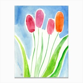 Four Tulips - watercolor painting hand painted floral flower red green blue vertical living room kitchen Canvas Print
