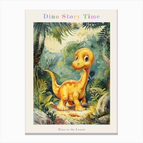 Cute Storybook Dinosaur In The Leaves Painting 1 Poster Canvas Print