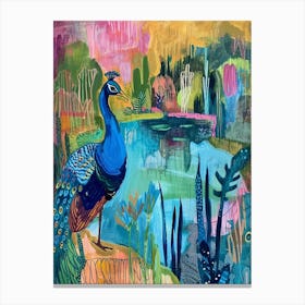 Peacock By The River Colourful Painting 1 Canvas Print