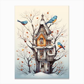 Bird House Winter Snow Illustration 4 Canvas Print